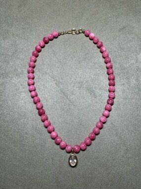 Pink Beaded Necklace with Bezel Set Pendant - Women Jewelry